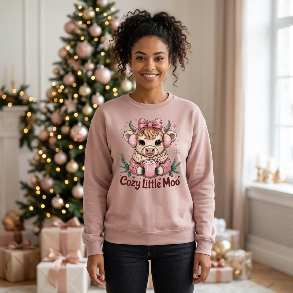 Female model wearing Dusty Rose Cozy Little Moo sweatshirt in a Christmas setting