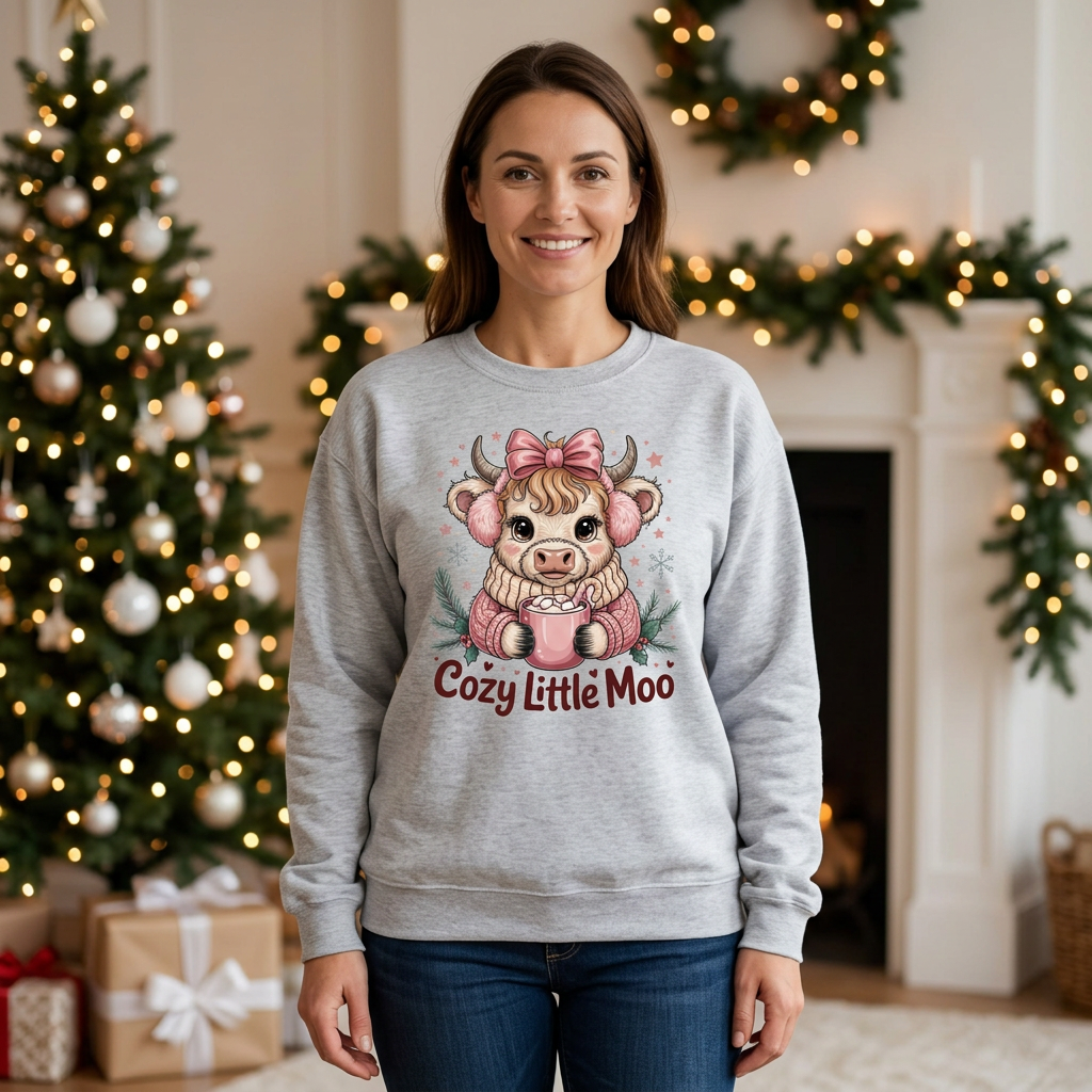 Female model wearing Ash Grey Cozy Little Moo sweatshirt in a Christmas setting