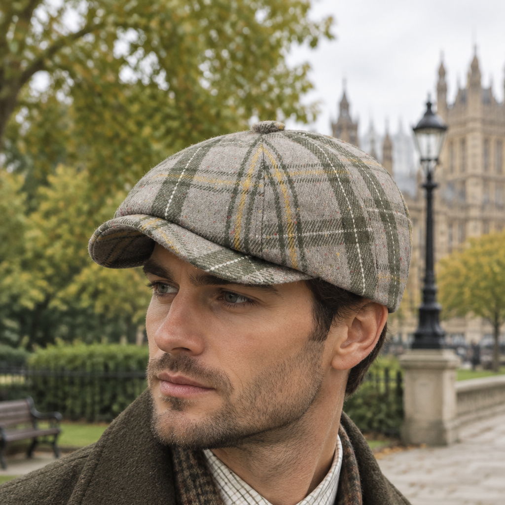 Model wearing the green checker newsboy cap in a leafy English park