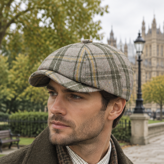 Model wearing the green checker newsboy cap in a leafy English park