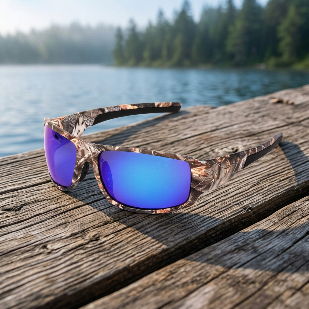 Blue mirrored Shadow Creek camouflage sunglasses on a wooden dock beside a lake.