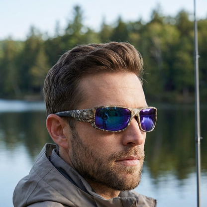 Male model wearing Blue Shadow Creek camouflage sunglasses while fishing outdoors.
