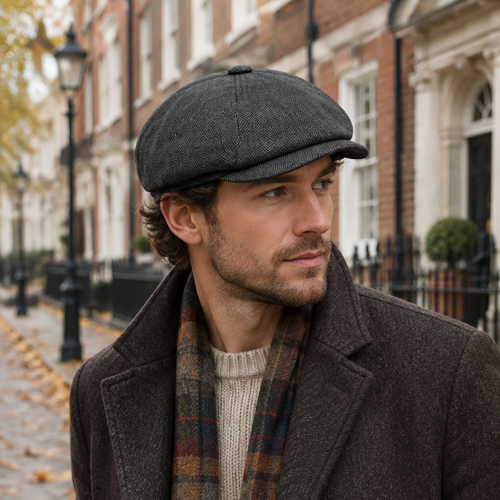 Male model wearing Dark Grey Saville Garrison newsboy cap on an autumn British city street