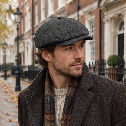Male model wearing Dark Grey Saville Garrison newsboy cap on an autumn British city street