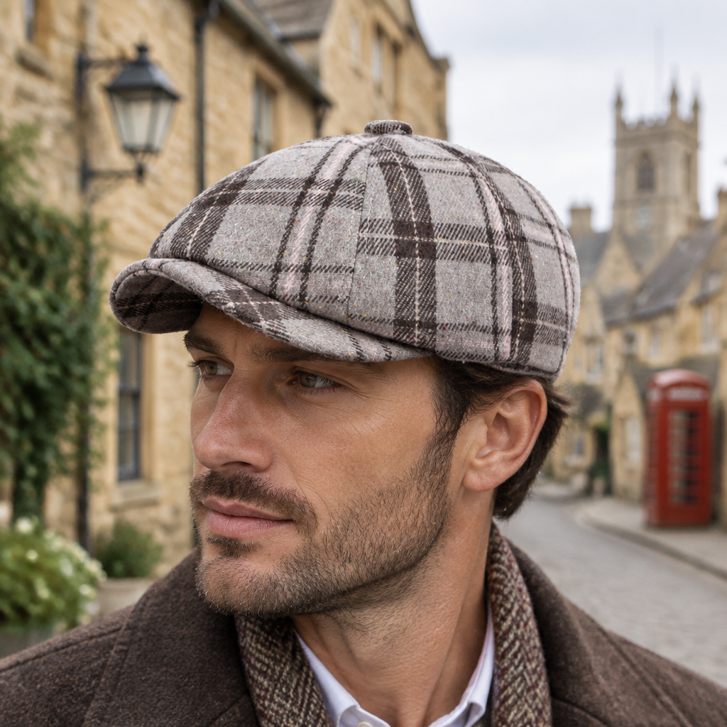 Model wearing the light coffee checker newsboy cap on a historic English town lane