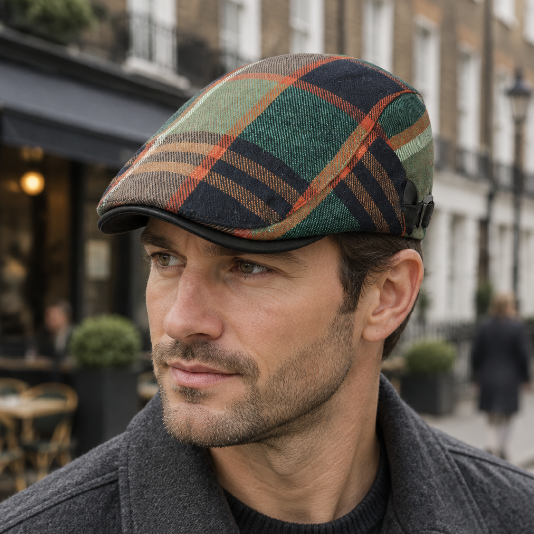 Green plaid flat cap worn by a male model in a British city setting