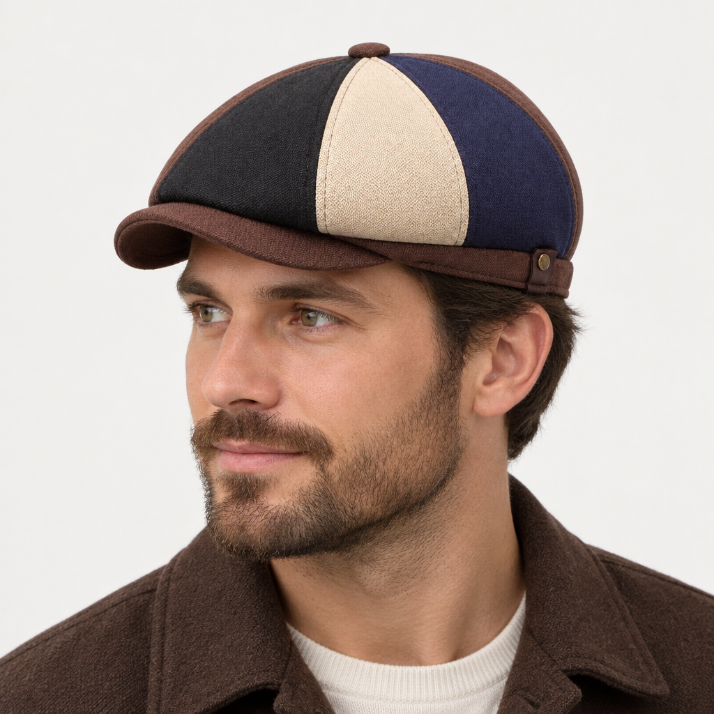 Male model wearing the Color Matching eight-panel Mayfield Bakerboy Flat Cap