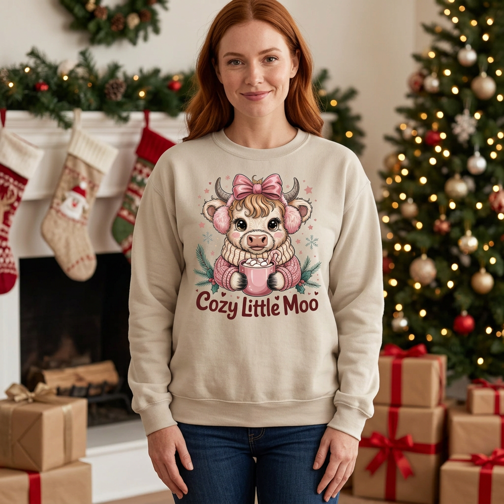 Female model wearing Sand Cozy Little Moo sweatshirt in a Christmas setting