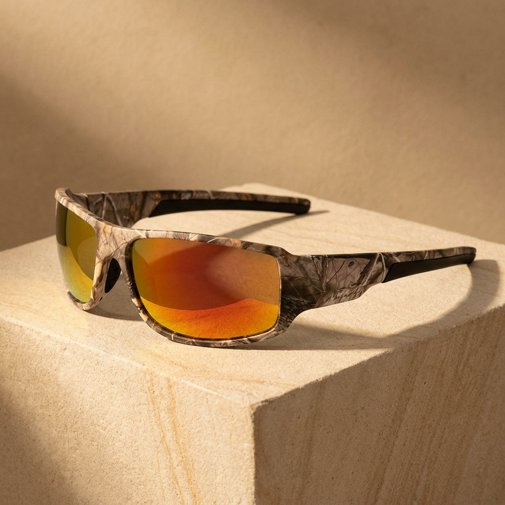 Gold mirrored camouflage sunglasses in a warm sandstone studio setting.