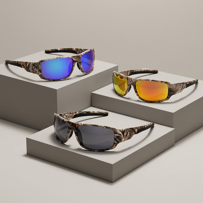 Camouflage fishing sunglasses with Blue, Gold, and Grey lenses in a studio display.