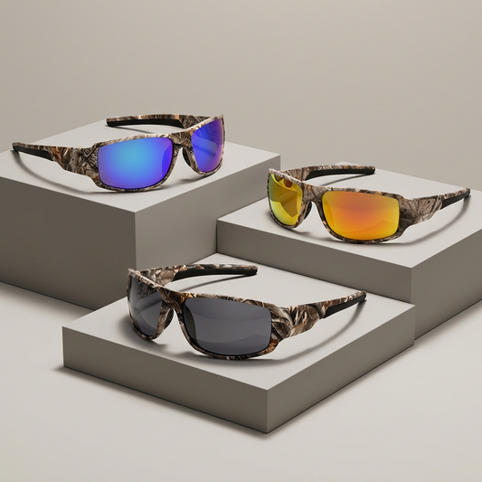 Camouflage fishing sunglasses with Blue, Gold, and Grey lenses in a studio display.
