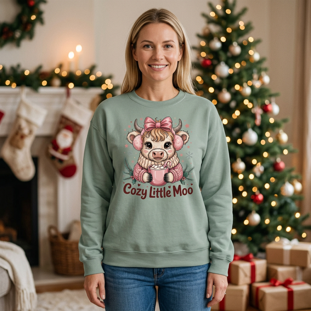Female model wearing Sage Cozy Little Moo sweatshirt in a Christmas setting