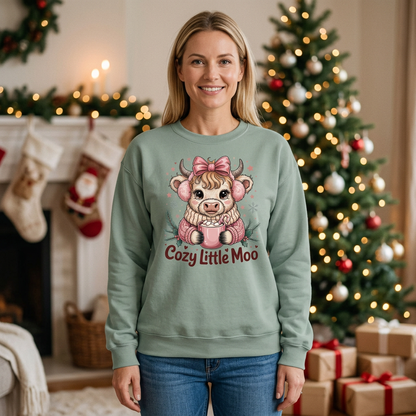 Female model wearing Sage Cozy Little Moo sweatshirt in a Christmas setting