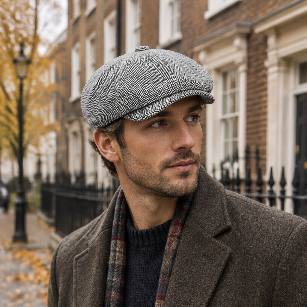 Male model wearing Light Grey Saville Garrison newsboy cap on an autumn British city street