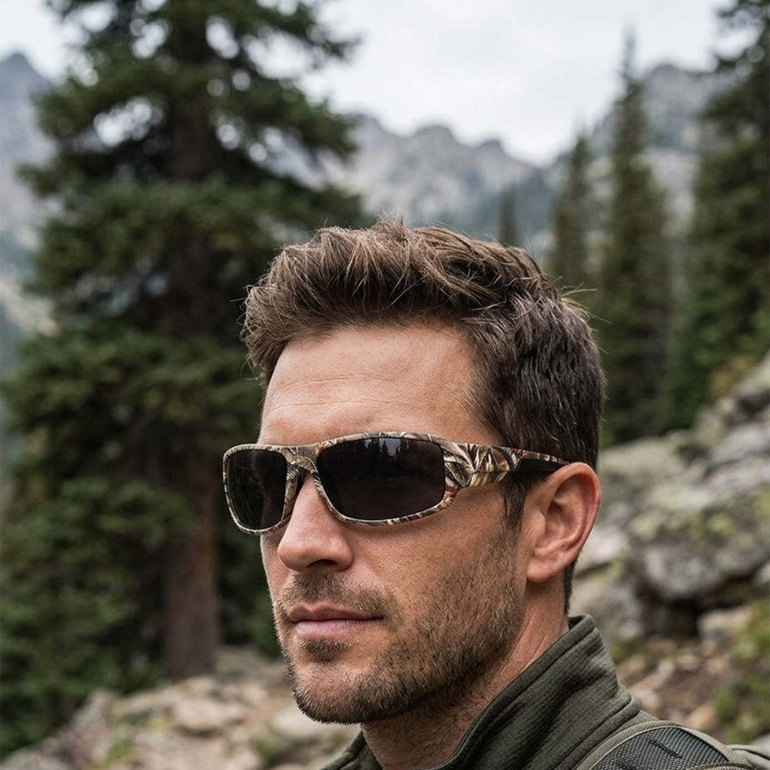 Male model wearing Grey Shadow Creek camouflage sunglasses on an outdoor trail.