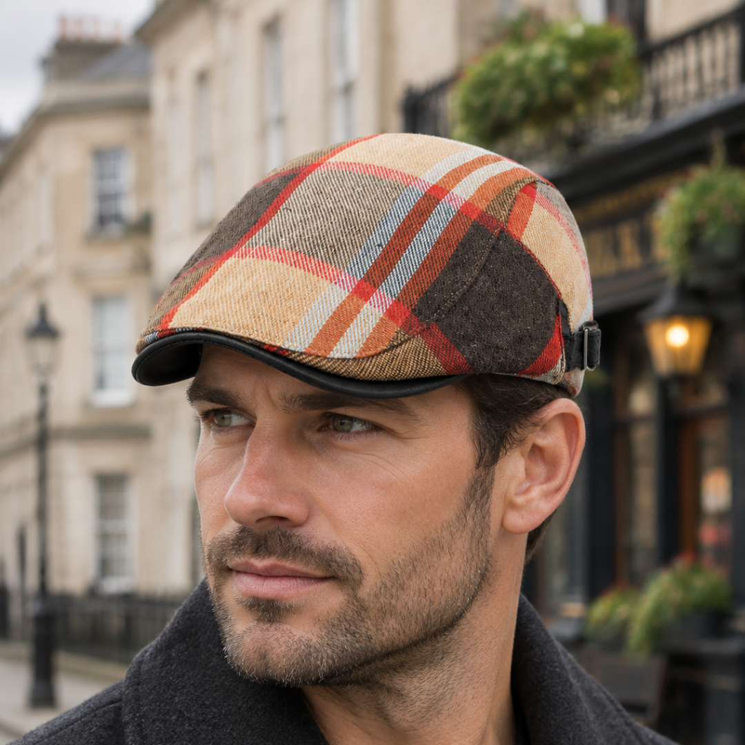 Brown plaid flat cap worn by a male model in a British city setting