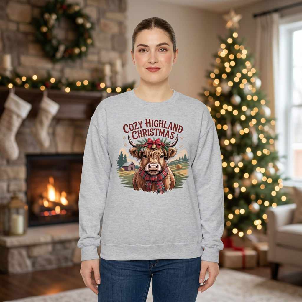 Female model wearing Ash Grey Cozy Highland Christmas sweatshirt in a festive fireplace setting
