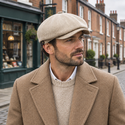 Male model wearing beige Mayfield Bakerboy Flat Cap and camel coat on a British street