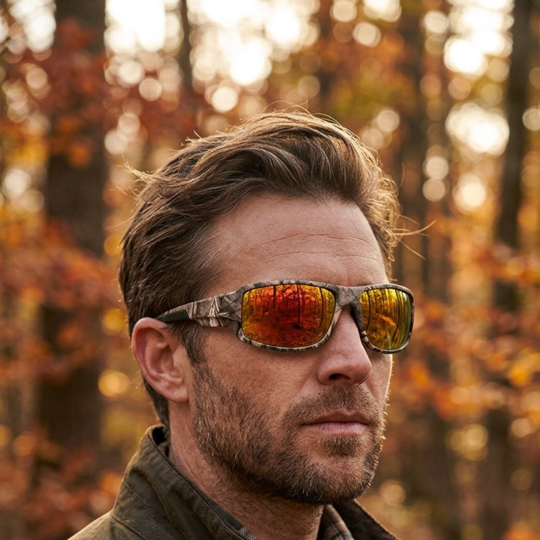 Male model wearing Gold Shadow Creek camouflage sunglasses in a woodland setting.