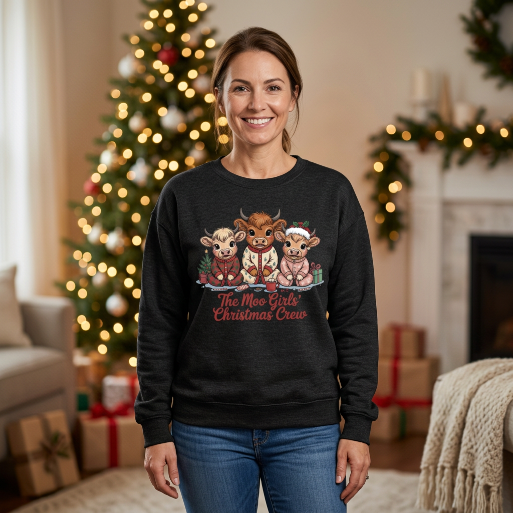 Woman modeling The Moo Girls’ Christmas Crew sweatshirt in Heather Black in a Christmas living room with tree and wrapped gifts