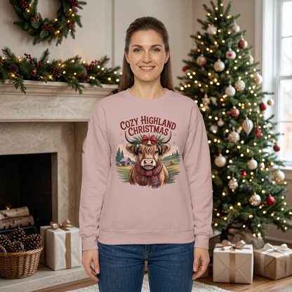 Female model wearing Dusty Rose Cozy Highland Christmas sweatshirt in a festive fireplace setting