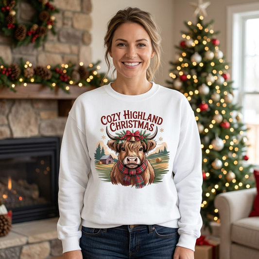 Female model wearing White Cozy Highland Christmas sweatshirt in a festive fireplace setting