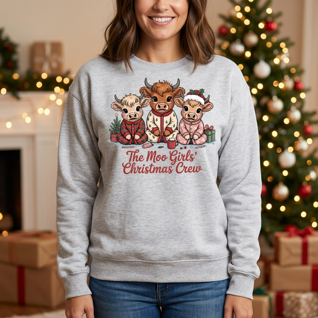 Woman modeling The Moo Girls’ Christmas Crew sweatshirt in Ash Grey with a Christmas tree background