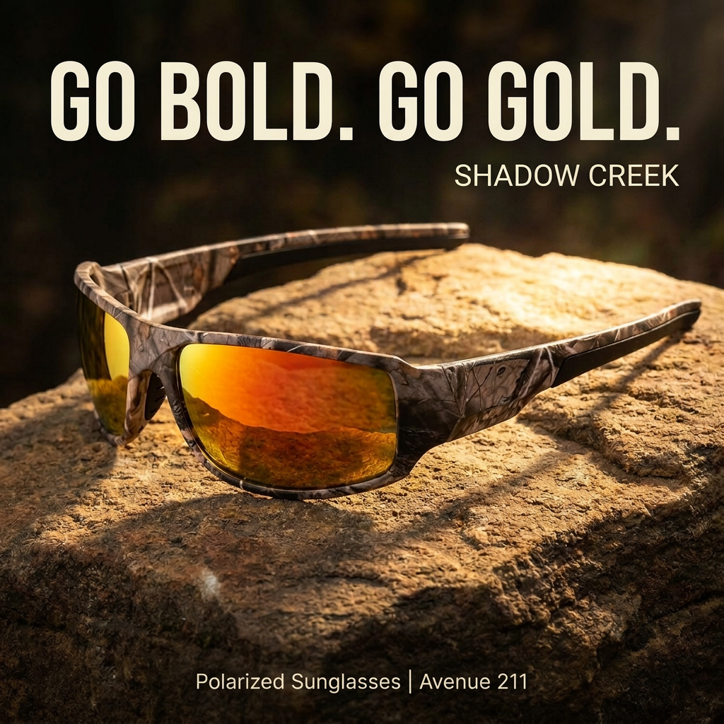 Gold Shadow Creek sunglasses ad: Go Bold. Go Gold.