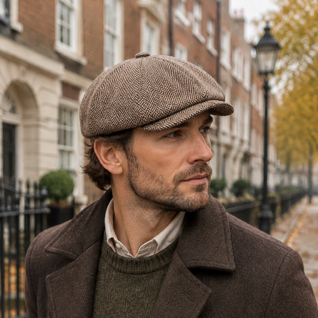 Male model wearing Brown Saville Garrison newsboy cap on an autumn British city street