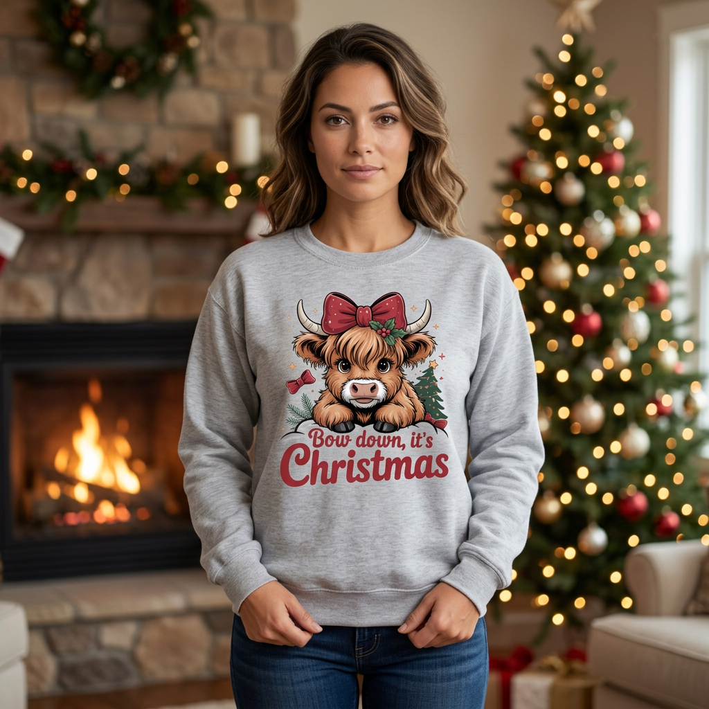 Female model wearing Ash Grey Bow Down It's Christmas sweatshirt in a festive fireplace setting