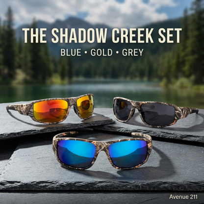 Blue, Gold, and Grey camouflage sunglasses together with The Shadow Creek Set headline and Avenue 211 branding.