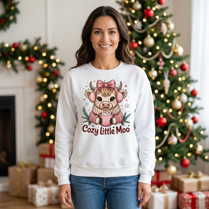 Female model wearing White Cozy Little Moo sweatshirt in a Christmas setting