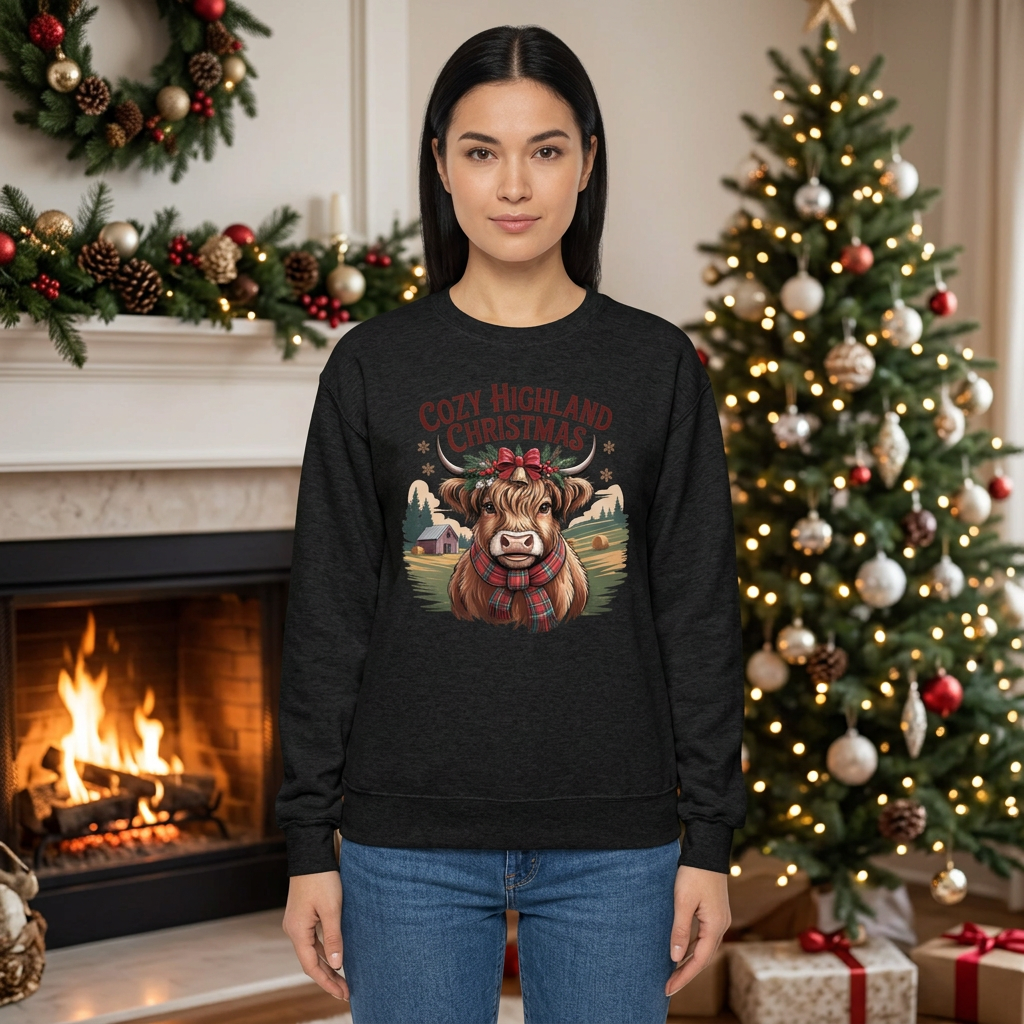 Female model wearing Heather Black Cozy Highland Christmas sweatshirt in a festive fireplace setting
