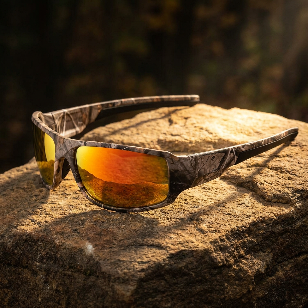 Gold mirrored Shadow Creek camouflage sunglasses on sandstone in an outdoor woodland setting.