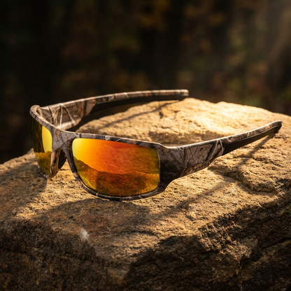 Gold mirrored Shadow Creek camouflage sunglasses on sandstone in an outdoor woodland setting.