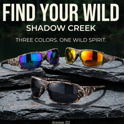 Three-color Shadow Creek sunglasses ad: Find Your Wild.