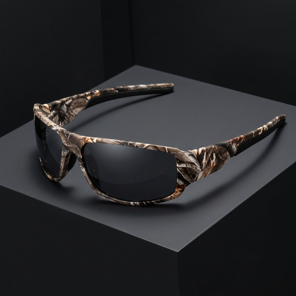Grey lens camouflage sunglasses in a charcoal studio setting.