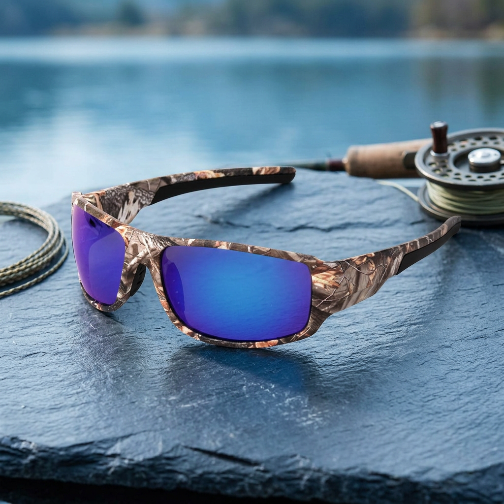 Blue mirrored camouflage sunglasses in a lakeside setting.