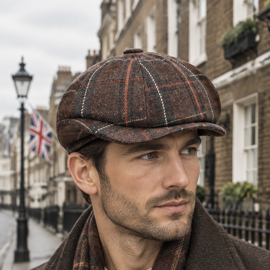 Model wearing the dark coffee checker newsboy cap on a London street