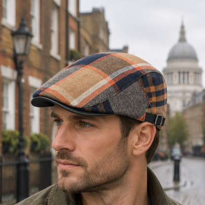 Navy blue plaid flat cap worn by a male model in a British city setting