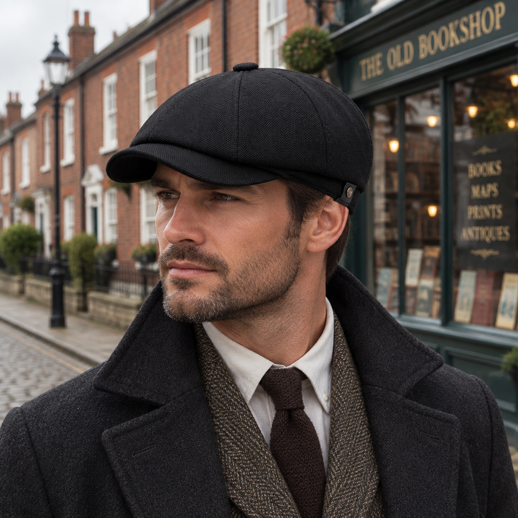 Male model wearing the black bakerboy flat cap on a British street