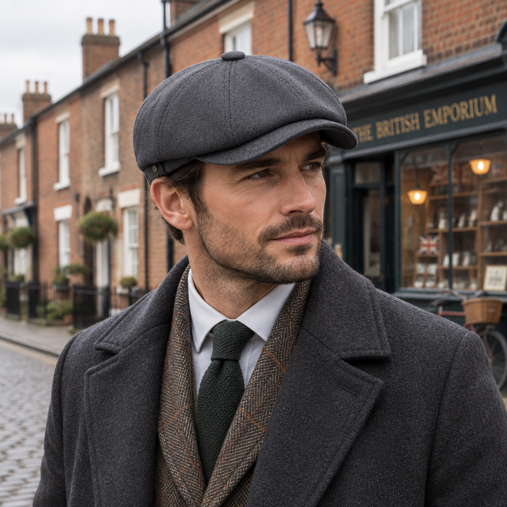 Male model wearing the gray bakerboy flat cap on a British street