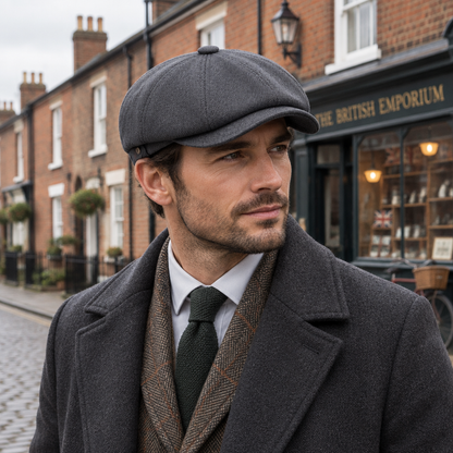 Male model wearing the gray bakerboy flat cap on a British street