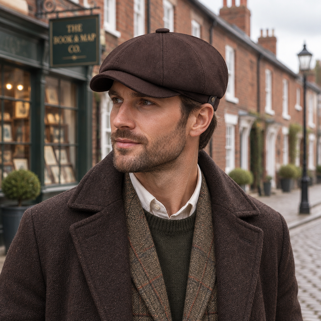 Male model wearing the Mayfield Bakerboy Flat Cap on a British cobblestone street