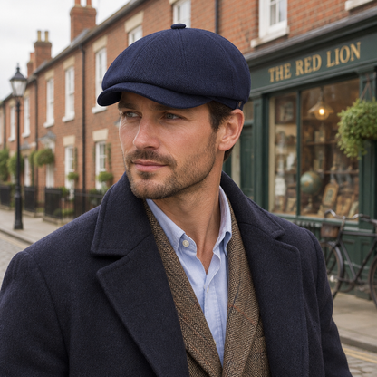 Male model wearing the navy bakerboy flat cap on a British street